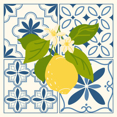 A hand-drawn lemon branch with flowers against a Mediterranean blue and white tile background. Summer Italian illustration. Poster sketch in the Dolce Vita style. Vector illustration.