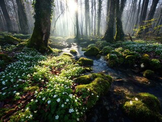 Obraz premium A tranquil forest stream meanders through a bed of vibrant spring wildflowers, bathed in the soft morning light.