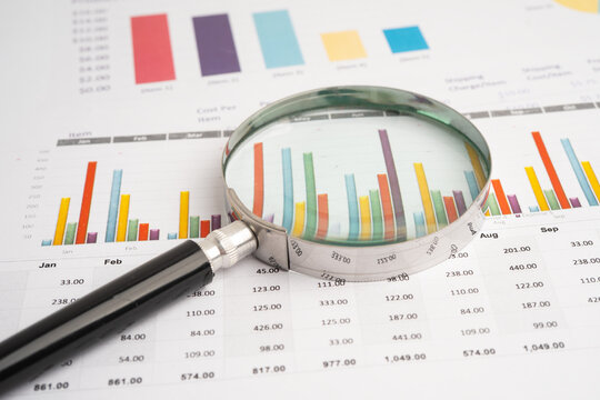 Magnifying glass on graph paper. Financial development, Banking Account, Statistics, Investment Analytic research data economy, Business.