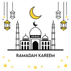 Ramadan kareem greeting card with a mosque silhouette crescent moon hanging lanterns and festive stars symbolizing islamic celebration and spiritual reflection during the holy month