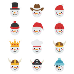 Twelve snowman faces are arranged in a grid each with a unique hat or headwear