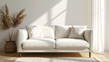 A comfortable light-colored sofa stands in a modern, minimalist living room, bathed in warm natural sunlight creating a serene and inviting home interior