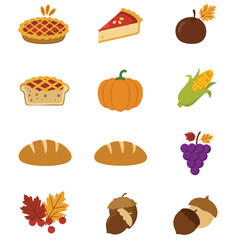 Vectorstyle autumn feast icons include pumpkin pies breads acorns corn grapes apple leaves and berries