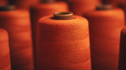 Obraz premium A close-up of vibrant orange thread spools lined up, displaying their textured surfaces and intricate winding patterns.