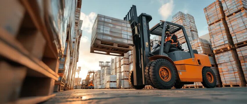 A warehouse worker using a forklift to load building materials