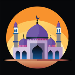 Vibrant islamic mosque with purple domes and minarets set against a warm orange sunset sky in a stylized flat design