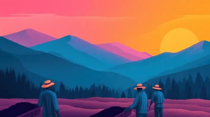 A vibrant landscape featuring silhouettes of three farmers against a colorful sunset over rolling mountains and lush forests.