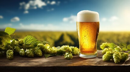 Glass of Beer with Fresh Hops on Wooden Surface Outdoors