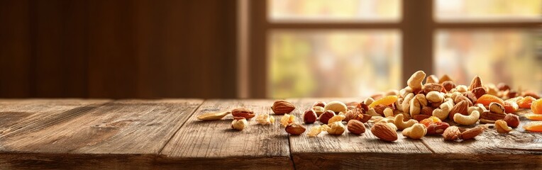 Assorted Nuts And Dried Fruits On Wooden Table