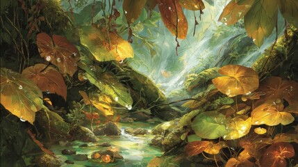 Autumn Forest Stream Scene With Golden Sunlight