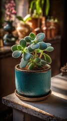 Teal Ceramic Succulent Pot On Wooden Table