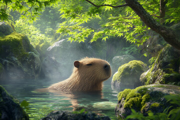 A fantasy scene of a capybara quietly closing its eyes and enjoying the warm water in a hot spring, surrounded by fresh green trees and mossy rocks. The tranquil scene conveys healing and peace.