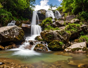 A serene waterfall cascading over mossy rocks