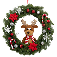 Festive Christmas Wreath Featuring a Plush Reindeer with Decorations on a Black Background