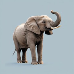 Obraz premium Elegant 4K wallpaper of a gentle elephant standing peacefully with trunk slightly lifted, soft blue minimalist background, showcasing detailed textures of wrinkled skin