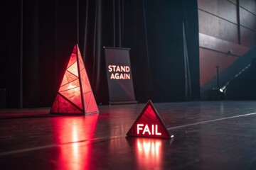 Glowing Red Prisms on Stage with Stand Again Banner