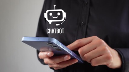 Person holding a smartphone with a chatbot animation on top - Powered by Adobe