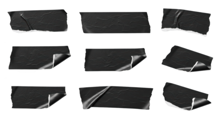 Set of black crumpled torn paper stickers on white background featuring tape, sticker, paper, adhesive, scotch