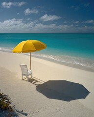 Tranquil Beach Scene With Yellow Umbrella And White Chair