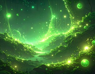 A luminescent, dreamlike green forest with glowing orbs and celestial streaks