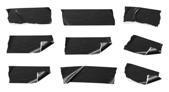 Set of black crumpled torn paper stickers on white background featuring tape, sticker, paper, adhesive, scotch