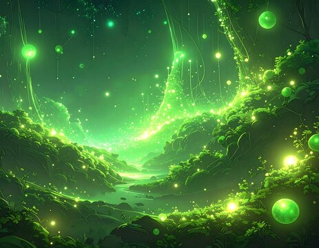 A luminescent, dreamlike green forest with glowing orbs and celestial streaks - Powered by Adobe