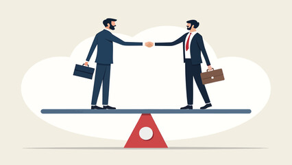 Fototapeta premium Two businessmen shaking hands on balance scale symbolizing partnership and equality 