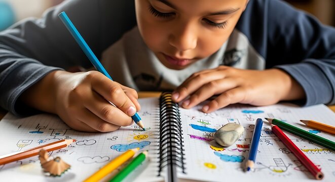Young boy drawing and coloring in a spiral notebook with colorful pencils, showcasing childhood creativity and learning.