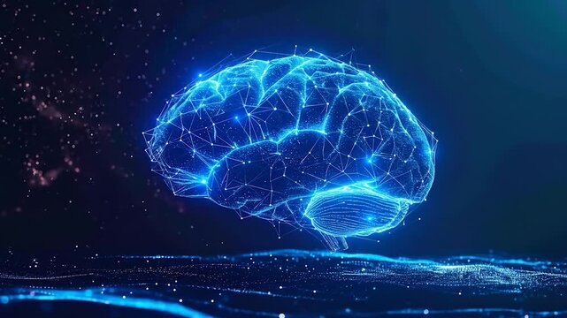 A glowing blue digital brain with a neural network plexus floats in a dark, abstract data space - Powered by Adobe