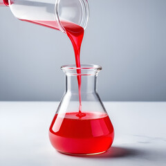 Red liquid in glass lab flask. Powder of Allura Red AC dissolved in water. Azo dye. Color index of 16035. Food additive E129. Colorant used in cosmetics, drugs, and food
