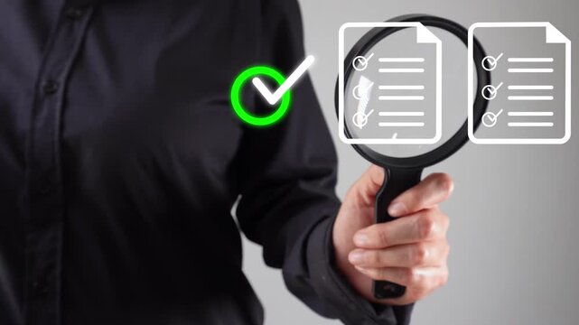 A person with a magnifying glass analyzes documents with a checklist and a check mark