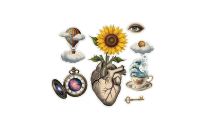 Surreal Collage Of Heart Sunflower Hot Air Balloon Eye Clock Tea Cup Key featuring heart, sunflower,