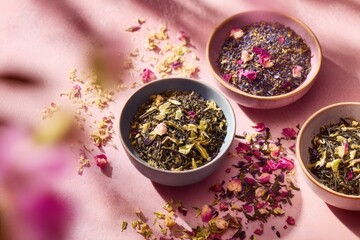 Assorted Loose Leaf Teas In Bowls On Pink Background