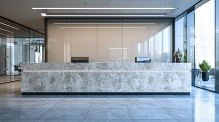 Modern office reception area with light gray marble counter
