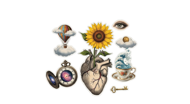 Surreal Collage Of Heart Sunflower Hot Air Balloon Eye Clock Tea Cup Key featuring heart, sunflower,