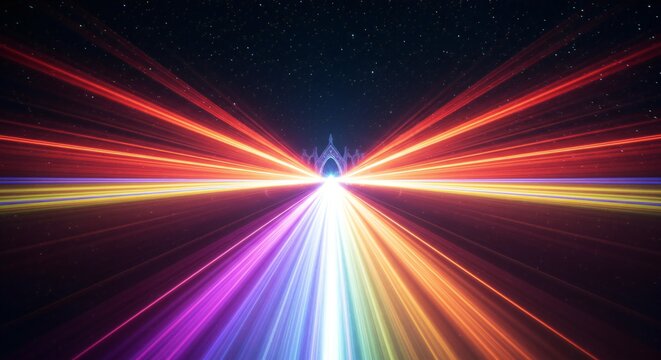 Ethereal Bifrost: A Cosmic River of Pulsating Rainbow Light and Pure Energy Flowing Through a Swirling Nebula, Connecting Unseen Realms in Abstract Vibrancy