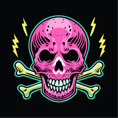 Fototapeta premium Pink Skull Design with Bone: A striking digital illustration of a pink skull design, featuring intricate details, a crossbones, and lightning bolts. It creates a vibrant.
