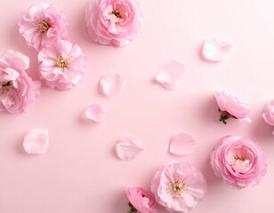 Delicate Pink Ranunculus Flowers Blossom on Light Pink Background