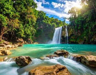 Vibrant Waterfall Cascading into a Turquoise Pool Surrounded by Lush Greenery
