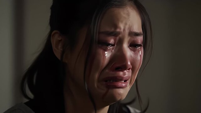 Close Up of Sad Young Woman Crying with Tears Rolling Down Her Cheeks