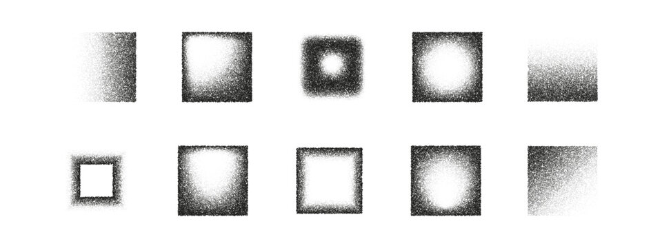 Set of noisy gradient rectangle and square shapes, halftone texture, grain stipple effect, black and white abstract dotted noise pattern for modern poster, social media, grunge design