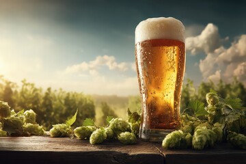 Golden Beer Glass with Hop Cones at Sunset