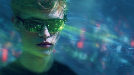 Portrait of a young person wearing futuristic glasses reflecting a digital interface against an