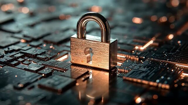 Metallic padlock on a circuit board background symbolizing cybersecurity and digital protection - Powered by Adobe