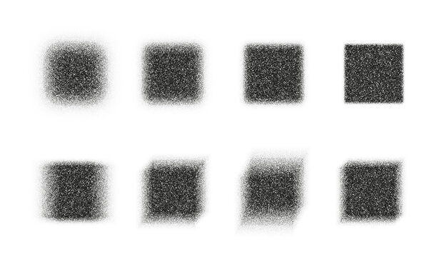 Set of blurry noisy square shapes, grain halftone gradient texture, black and white stipple abstract dotted noise pattern, grunge geometric element for poster, cover, digital background design
