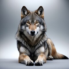 Obraz premium Intense 4K wallpaper of a fierce wolf sitting proudly against a pale silver background, piercing eyes and detailed fur textures capturing wild strength and primal energy. 