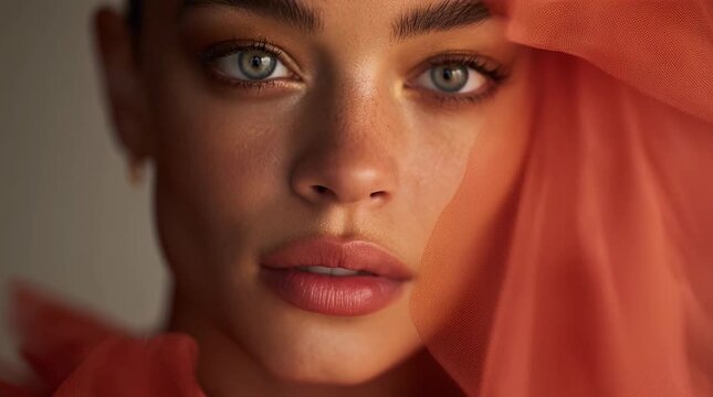Close up portrait of a young woman with freckles, light skin, and blue eyes. She is partially covered by a sheer coral fabric. Warm lighting enhances her features.