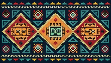 Vibrant ethnic textile pattern with geometric designs and tribal mask motifs, perfect for adding cultural flair and a global vibe to your designs today