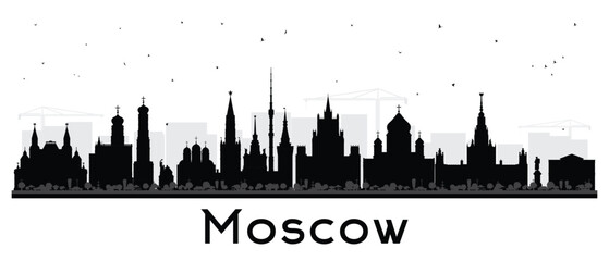 Naklejka premium Moscow Russia city skyline silhouette with black buildings isolated on white. Illustration. Moscow cityscape with landmarks. Travel and tourism concept with modern and historic architecture.