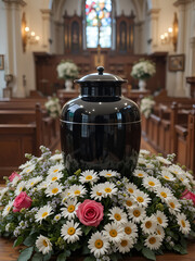Black urn on the funeral day in church; surrounded with daisies and roses